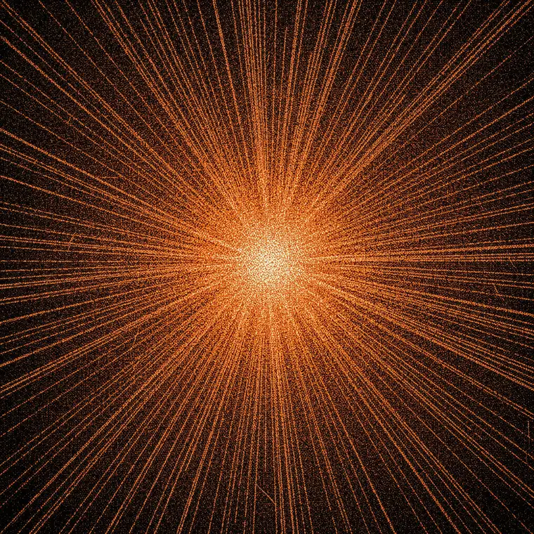 Hyperfokus — dichter, konvergierender Energie-Burst in Orange auf Schwarz.